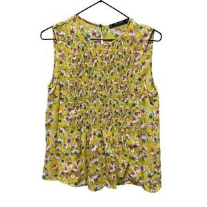 Zara Women's Yellow Floral Smocked Sleeveless Blouse Size S Boho Preppy Garden